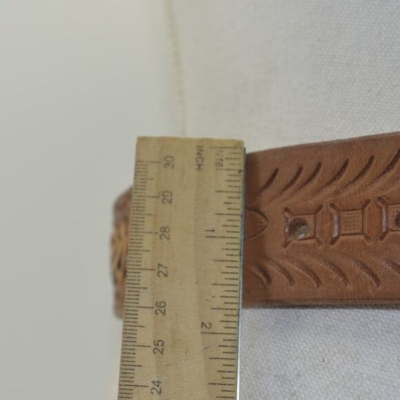 Western Leather Belt Tooled Stitched Brown Cowboy Size 28 - Picture 2 of 13